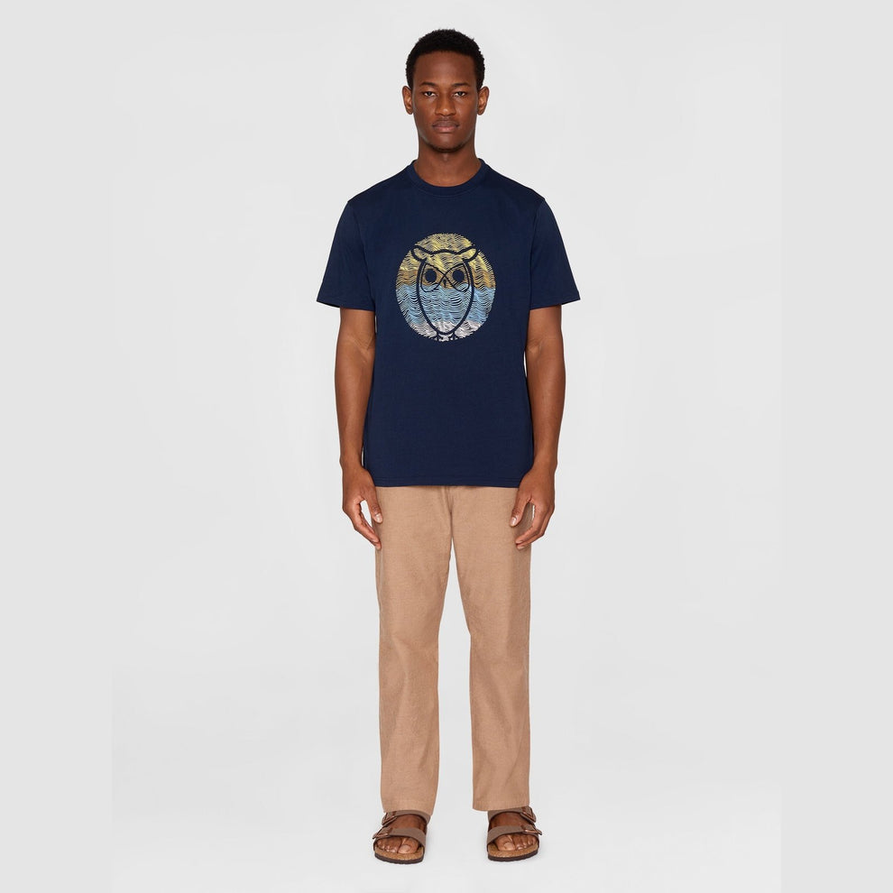 Knowledge Cotton Apparel M Regular Circled Owl Printed T-shirt Night Sky