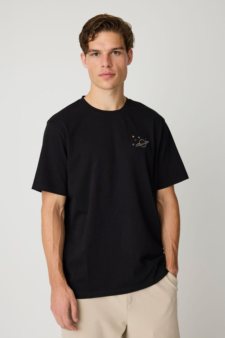 Knowledge Cotton Apparel M Chest Embroidery T-Shirt 1300 Black Jet