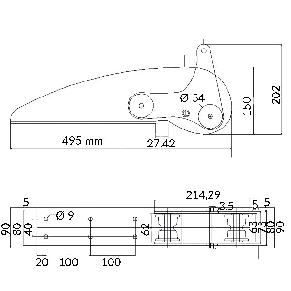 1852 Ankerrulle med Vippe Rustfri Stål