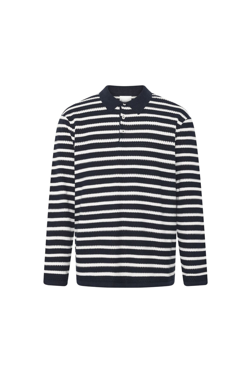 Knowledge Cotton Apparel M Organic Cotton Striped Knitted Polo Gots/Vegan 8036 Navy