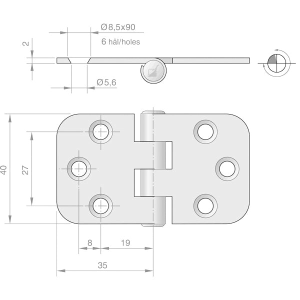 Roca hængsel RF 70x40mm, omvendt