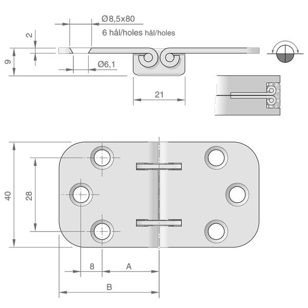 Roca bordhængsel RF 75x40mm, 180º
