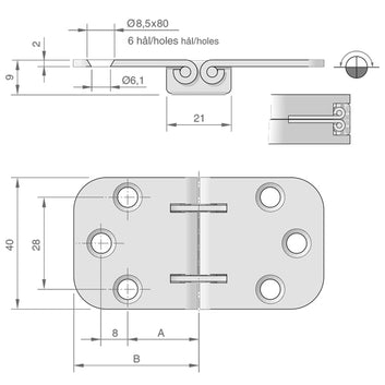 Roca bordhængsel RF 75x40mm, 180º