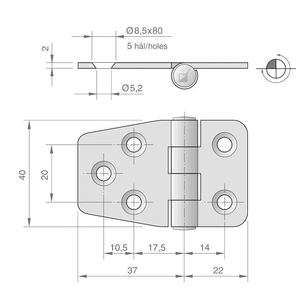 Roca hængsel RF 59x40mm, omvendt