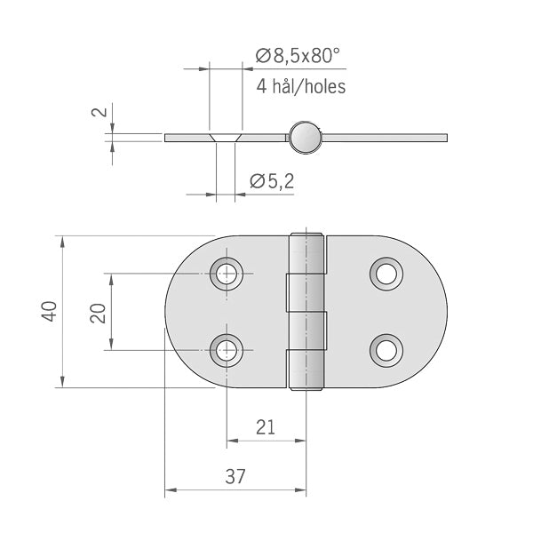 Roca hængsel centreret aksel RF, 74x40mm