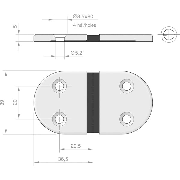 Roca hængsel gummiled RF, 73x39mm