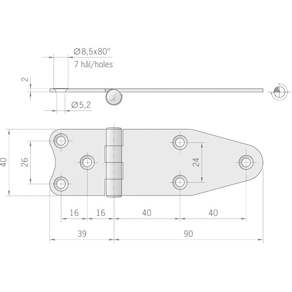 Roca hængsel RF 129x40mm, omvendt