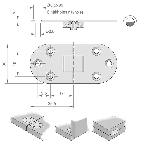 Roca bordhængsel 180º, forkromet messing