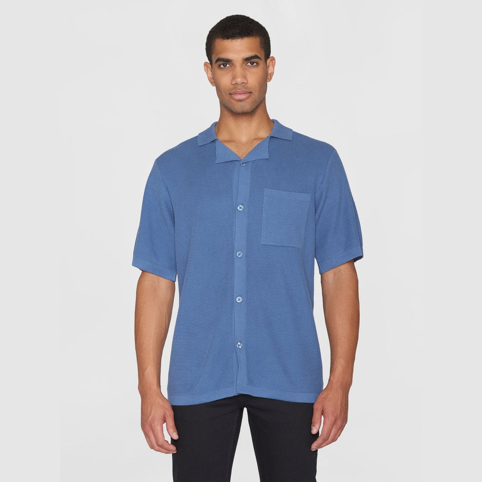 Knowledge Cotton Apparel M Boxy Short Sleeve Structured Knitted Shirt Moonlight Blue