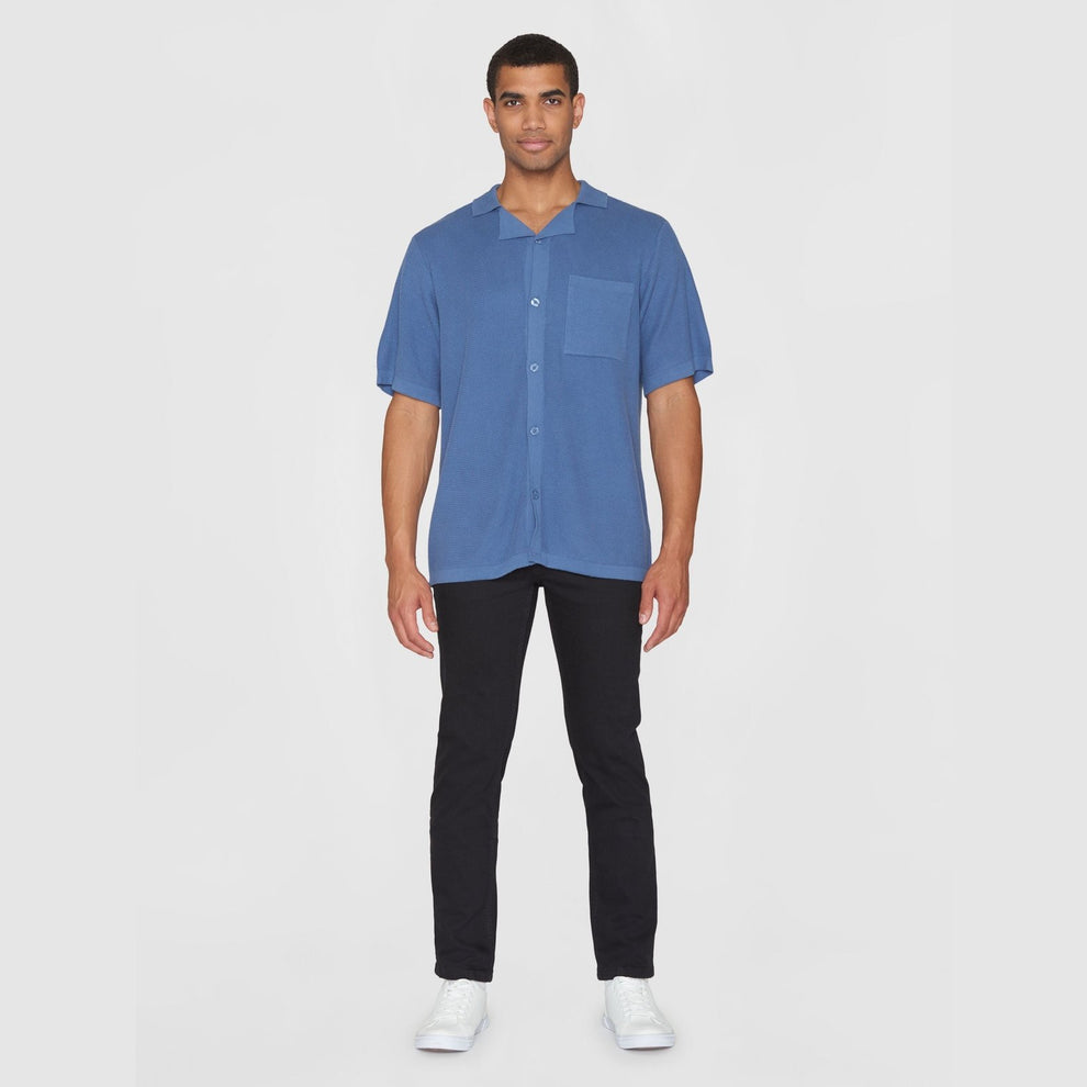 Knowledge Cotton Apparel M Boxy Short Sleeve Structured Knitted Shirt Moonlight Blue