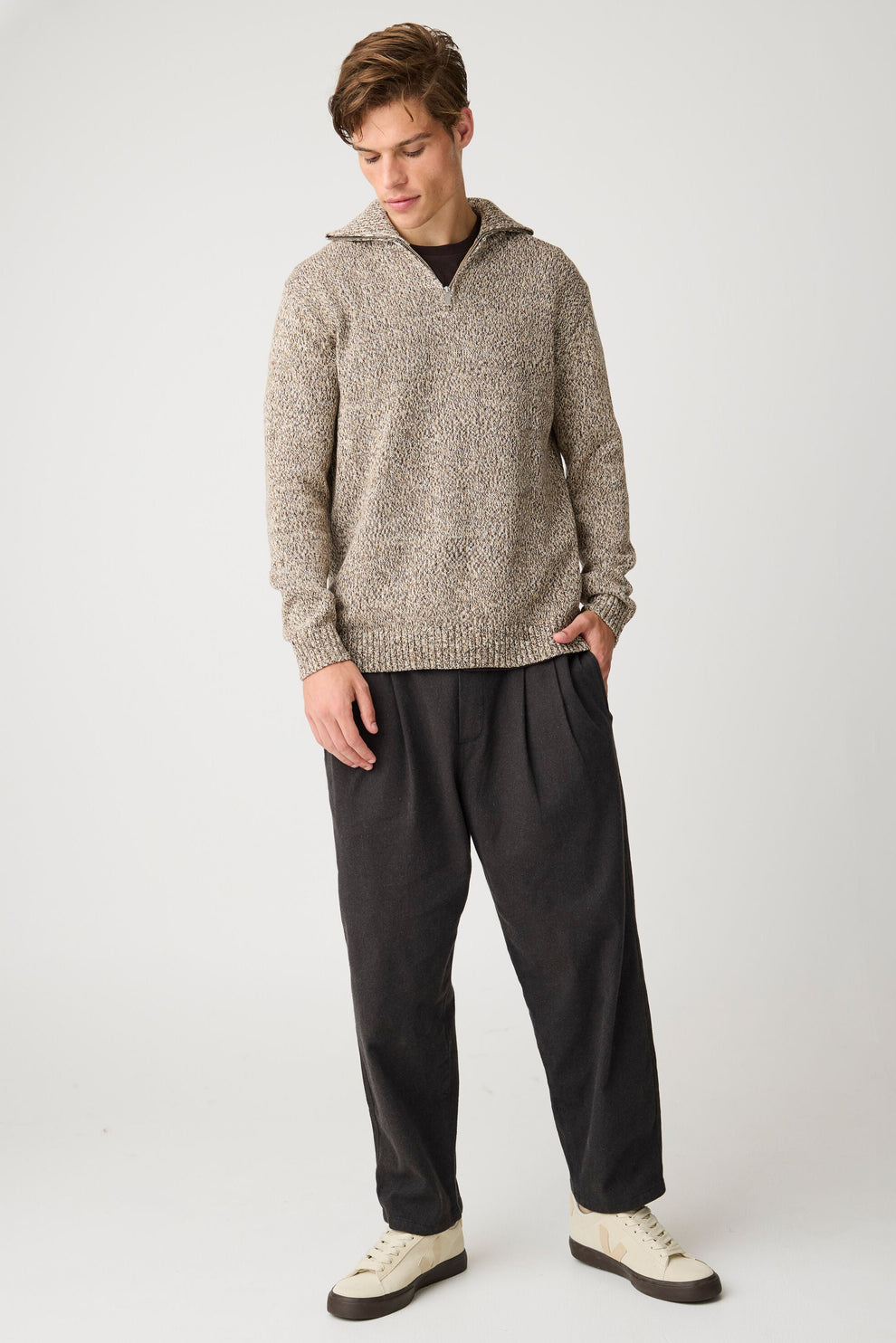 Knowledge Cotton Apparel M Quater Zip Sweater 5003 Brown Multi