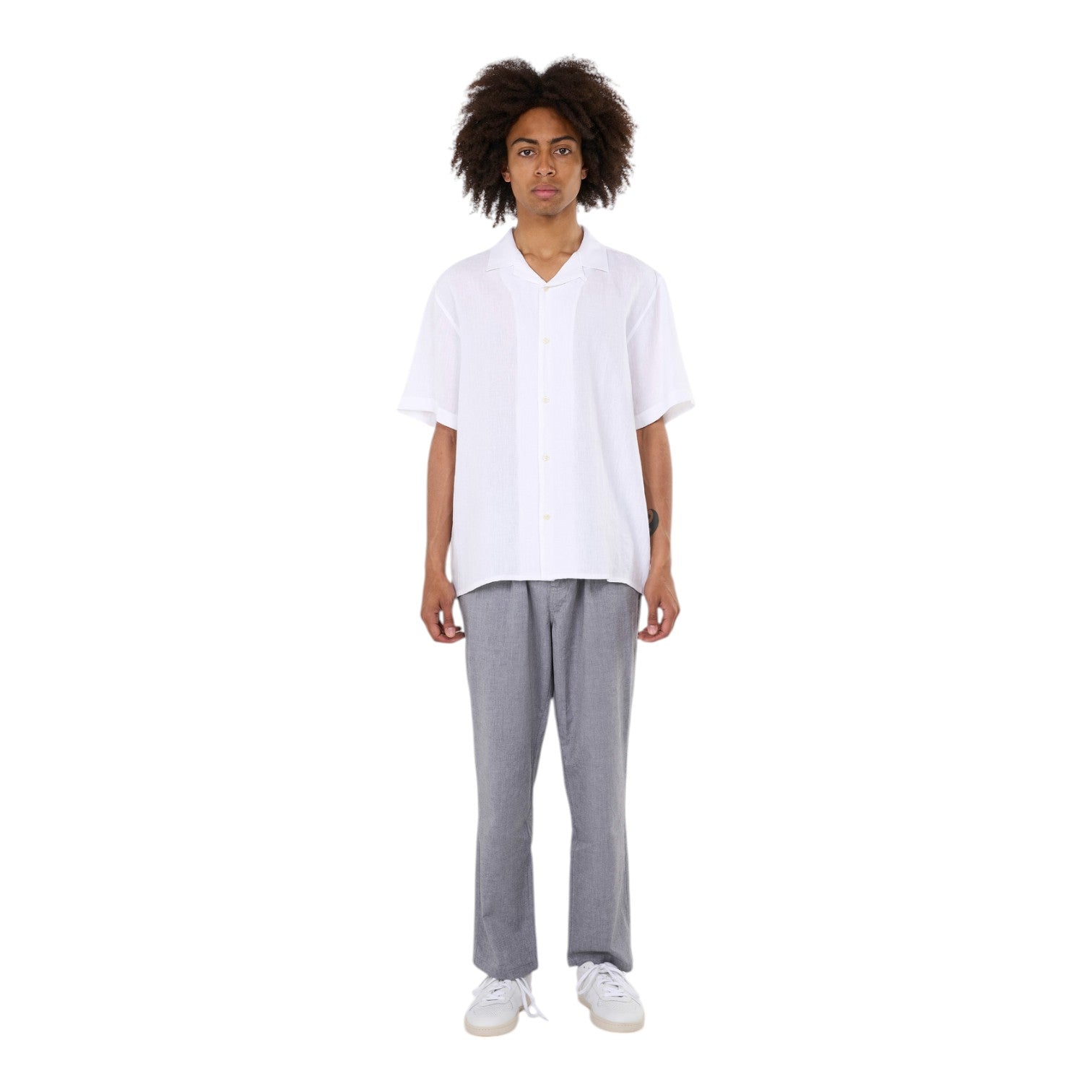 Knowledge Cotton Apparel M Box Short Sleeve Linen Shirt 1010 Bright White