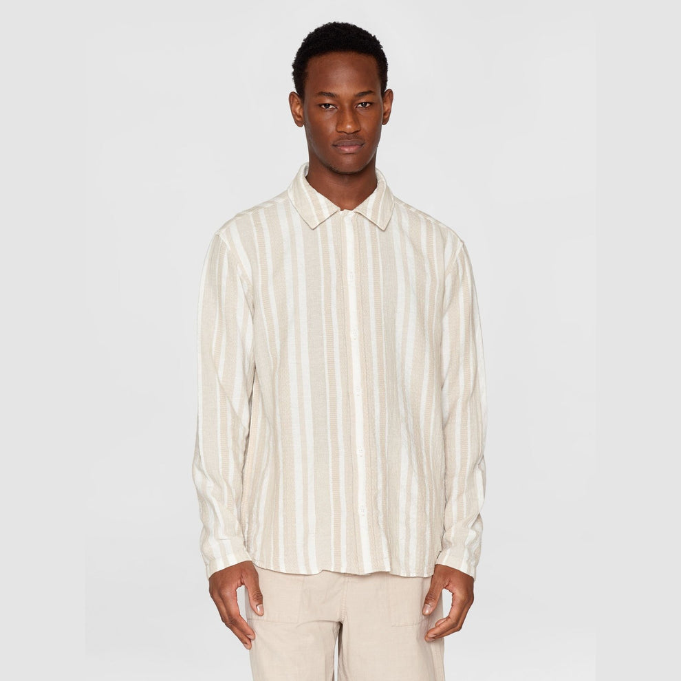 Knowledge Cotton Apparel M Loose Jacquard Woven Striped Shirt Beige Stripe