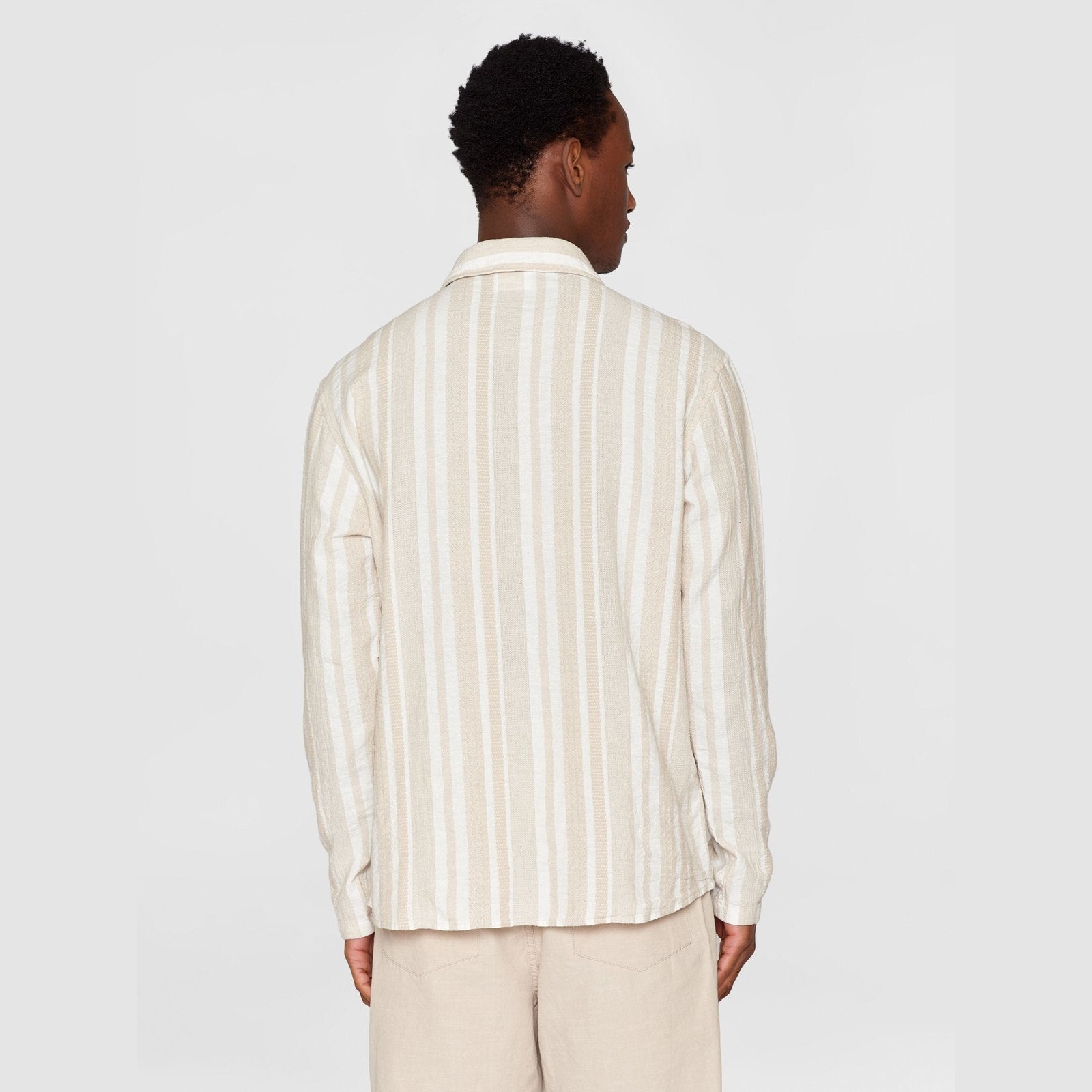 Knowledge Cotton Apparel M Loose Jacquard Woven Striped Shirt Beige Stripe