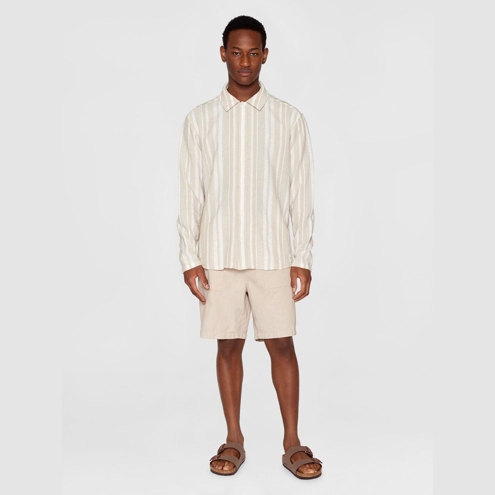 Knowledge Cotton Apparel M Loose Jacquard Woven Striped Shirt Beige Stripe