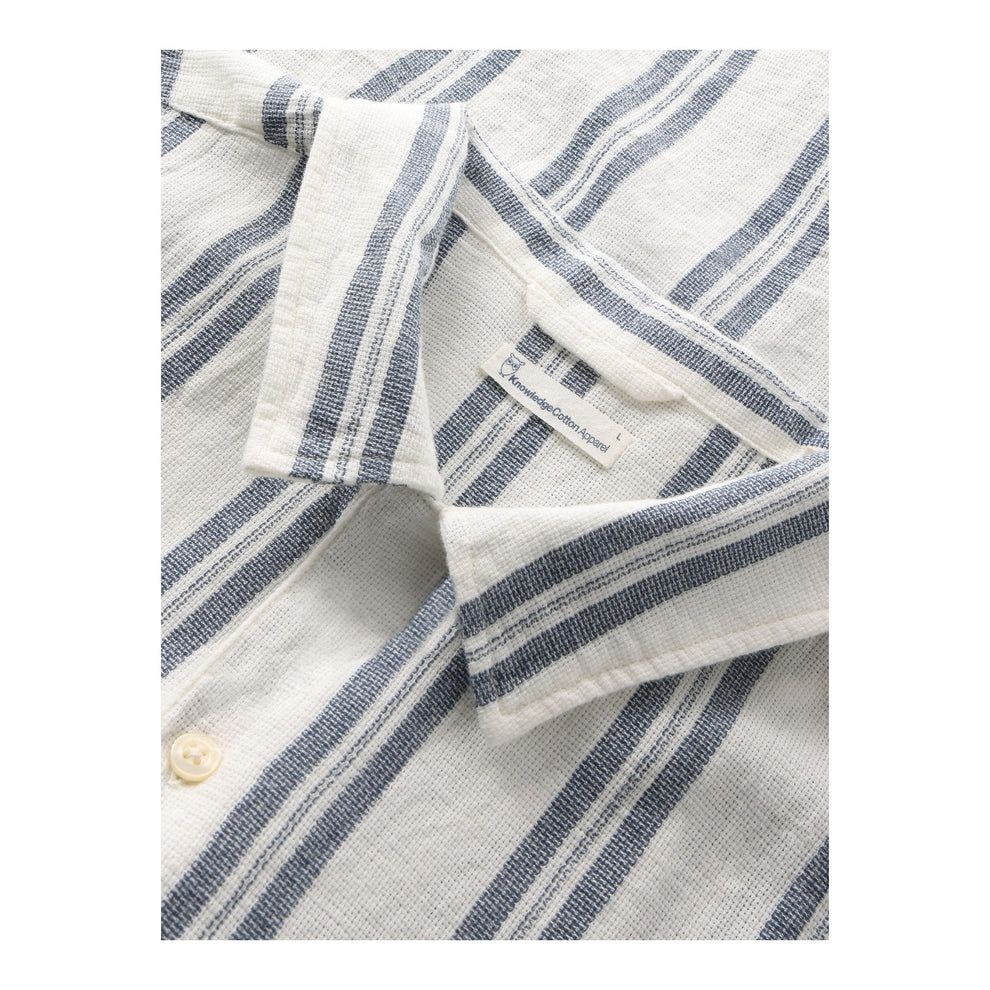 Knowledge Cotton Apparel M Box Short Sleeve Striped Cotton Shirt Blue Stripe