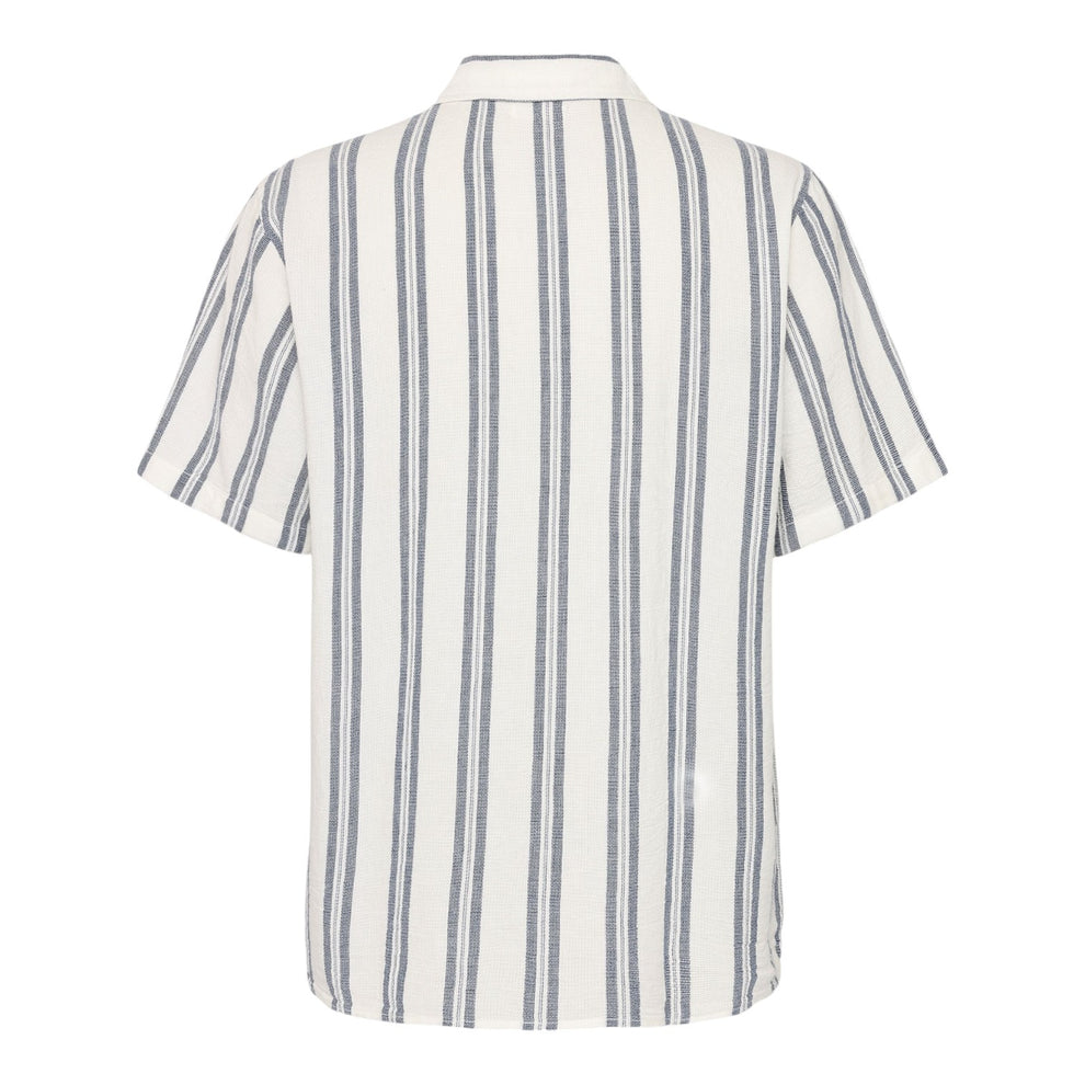 Knowledge Cotton Apparel M Box Short Sleeve Striped Cotton Shirt Blue Stripe
