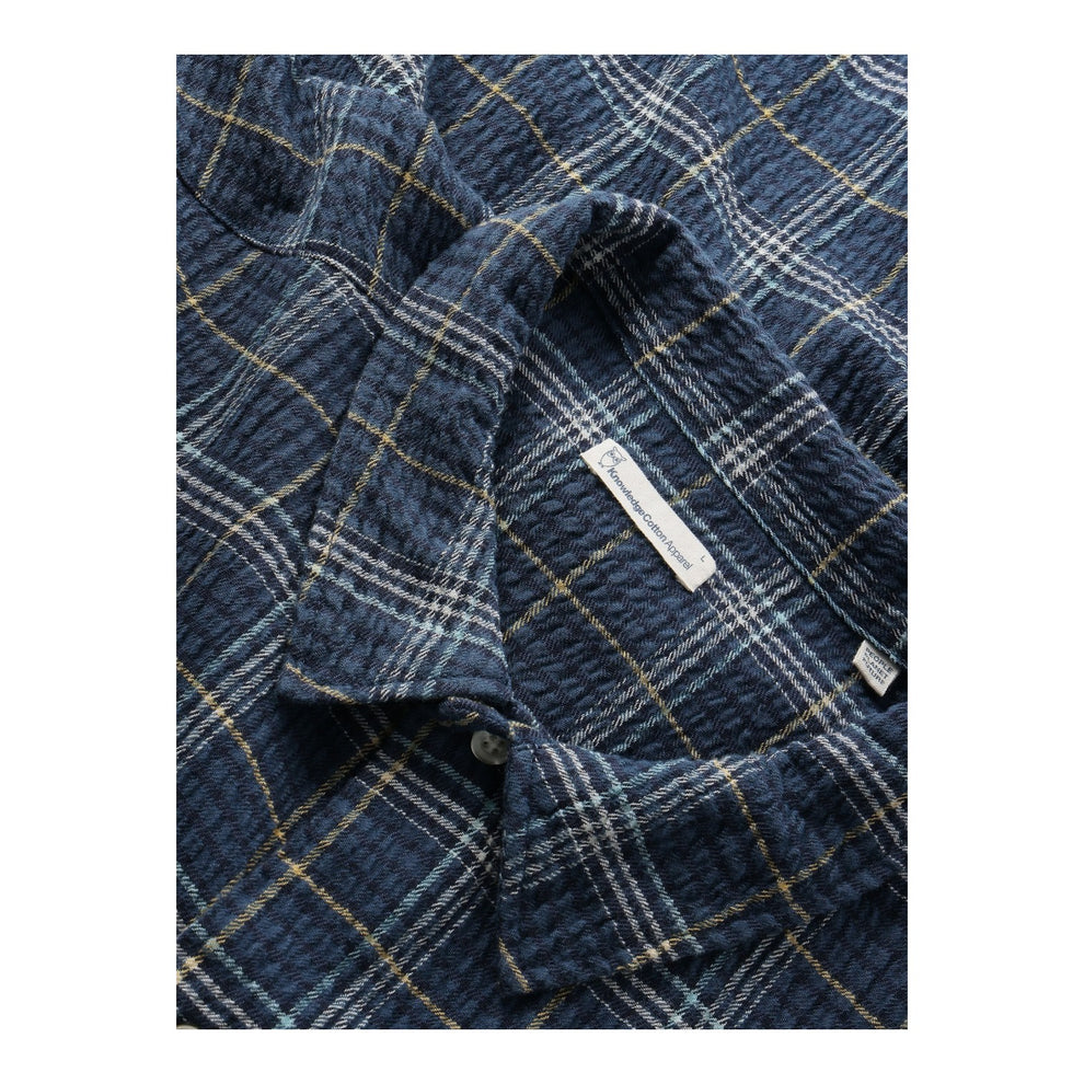 Knowledge Cotton Apparel M Box Fit Seersucker Short Sleeved Shirt 7034 Blue Check
