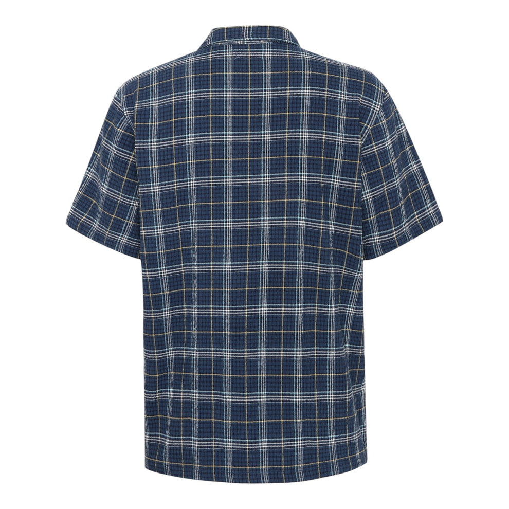 Knowledge Cotton Apparel M Box Fit Seersucker Short Sleeved Shirt 7034 Blue Check