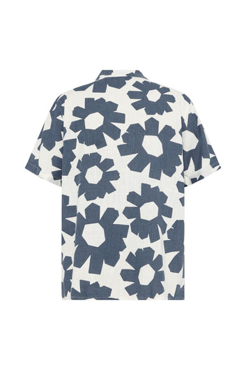 Knowledge Cotton Apparel M Relaxed Linen blend Print SL Shirt Blue