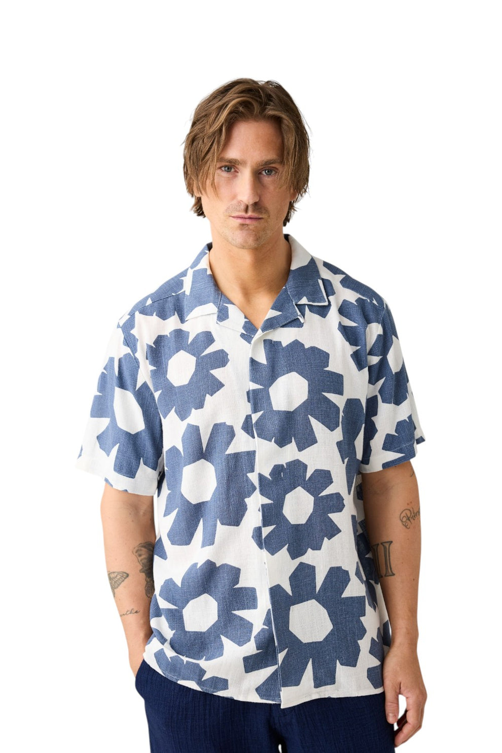 Knowledge Cotton Apparel M Relaxed Linen blend Print SL Shirt Blue