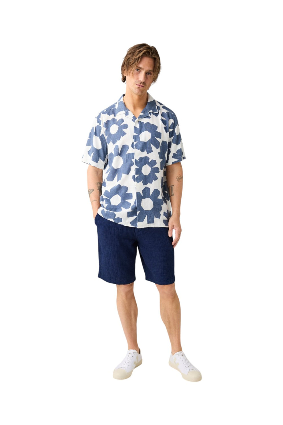 Knowledge Cotton Apparel M Relaxed Linen blend Print SL Shirt Blue
