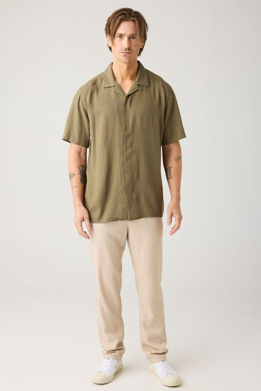 Knowledge Cotton Apparel M Linen-Mix Shirt Vegan 1068 Burned Olive
