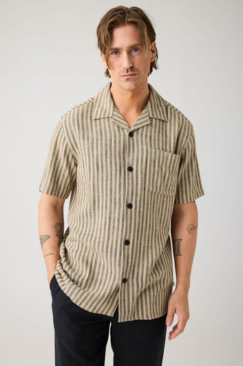 Knowledge Cotton Apparel M Linen-Mix Striped Shirt Vegan 8023 Green Stripe
