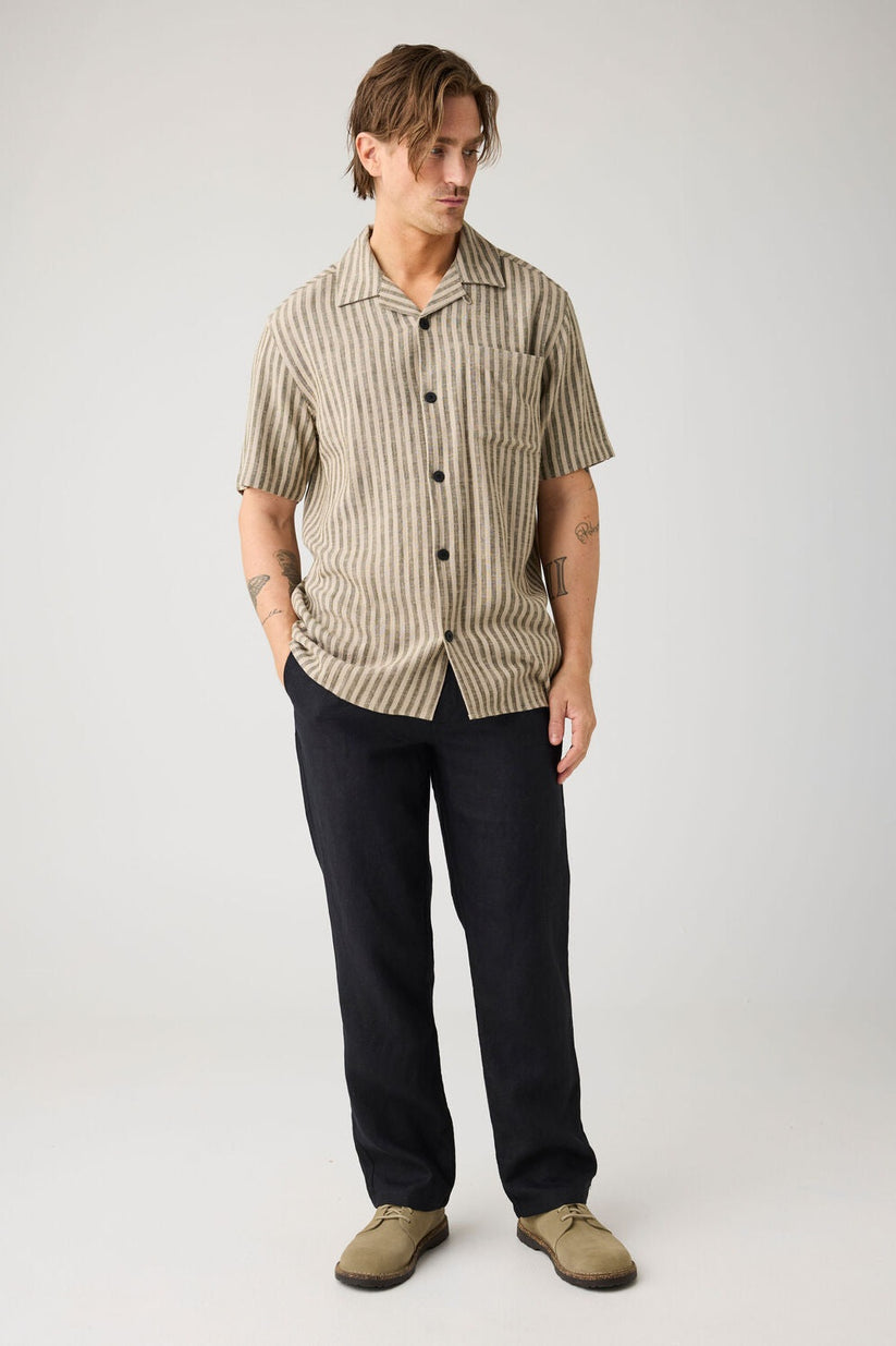 Knowledge Cotton Apparel M Linen-Mix Striped Shirt Vegan 8023 Green Stripe