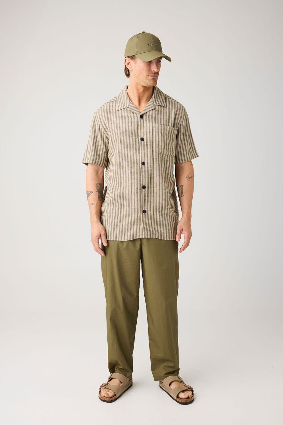 Knowledge Cotton Apparel M Linen-Mix Striped Shirt Vegan 8023 Green Stripe