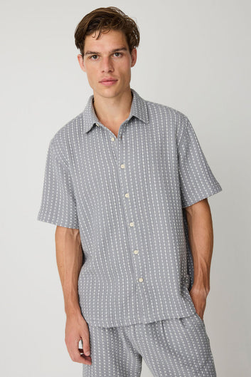 Knowledge Cotton Apparel M Breeze Comfort Structure Short Sleeve Shirt 8031 Grey Stripe