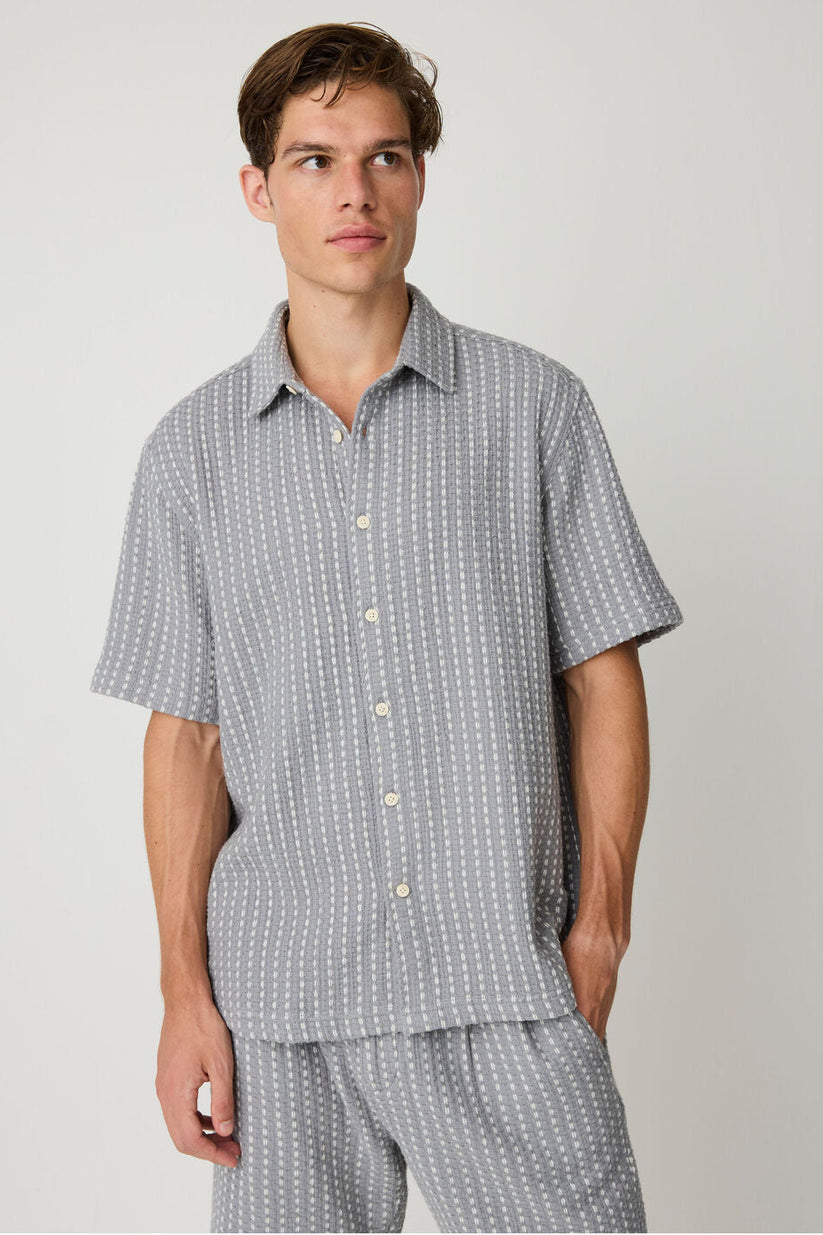 Knowledge Cotton Apparel M Breeze Comfort Structure Short Sleeve Shirt 8031 Grey Stripe