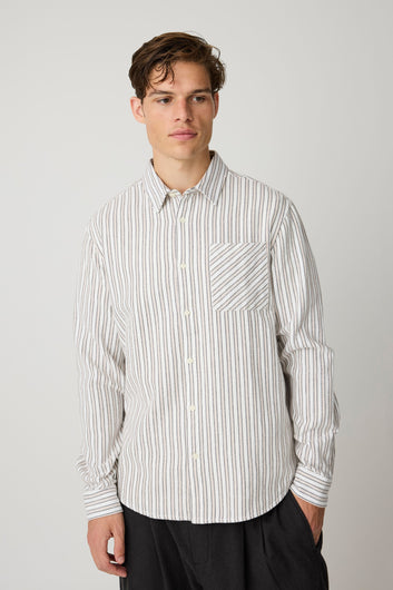 Knowledge Cotton Apparel M Dune Reg Flannel Stripe Shirt Creme Stripe