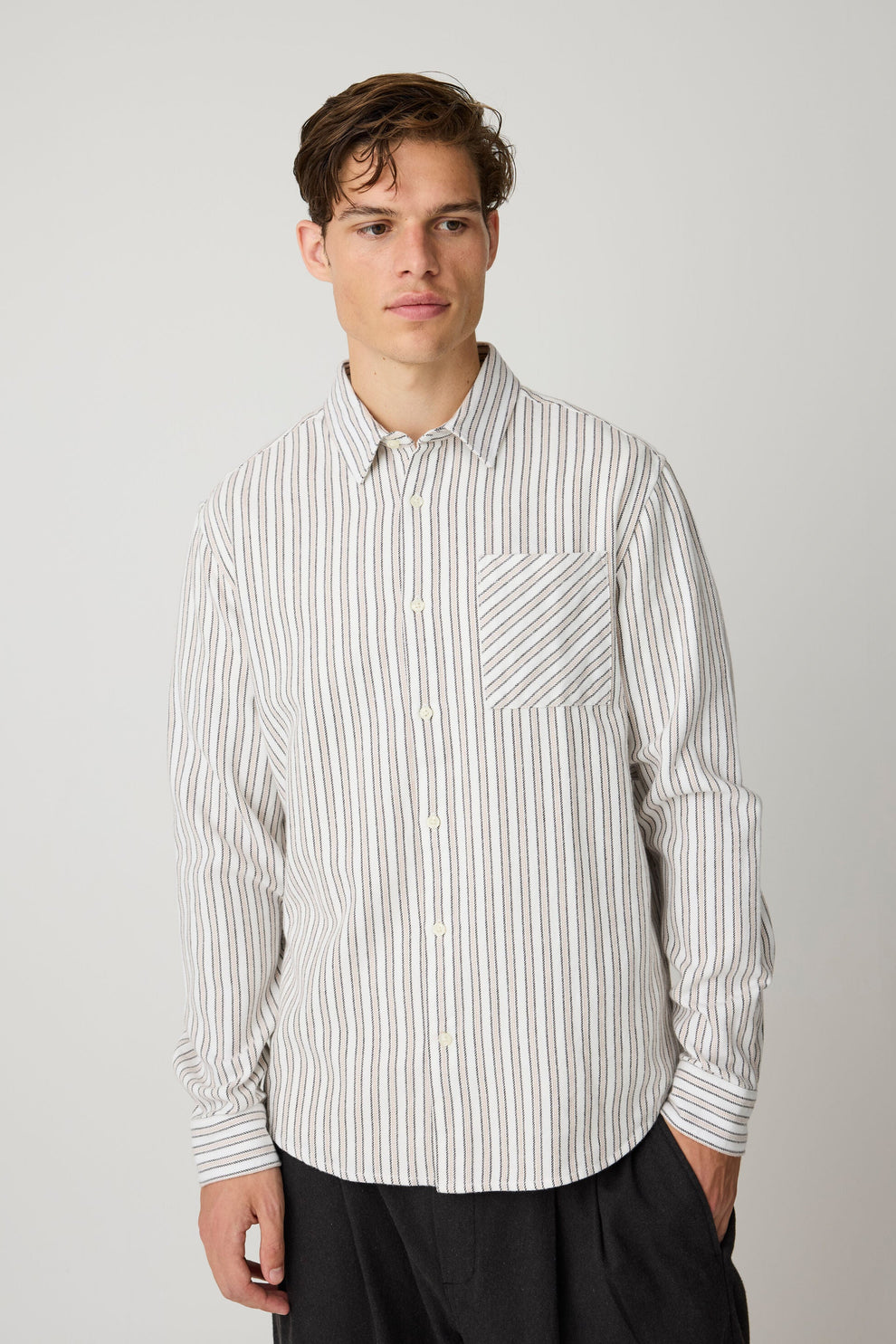 Knowledge Cotton Apparel M Dune Reg Flannel Stripe Shirt Creme Stripe