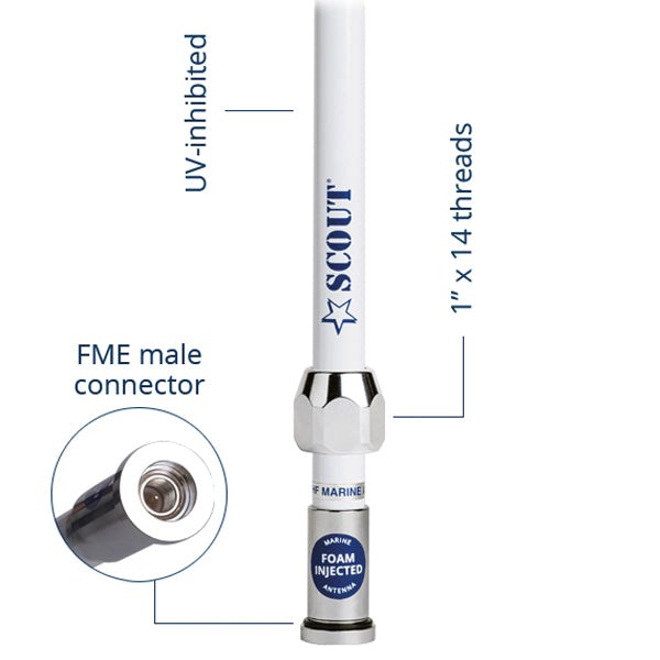 Scout Quick VHF antenne m/kabel & FME han/PL259 stik, hvid