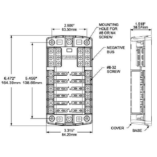 Blue Sea sikringsholder for 12 sikringer med minus