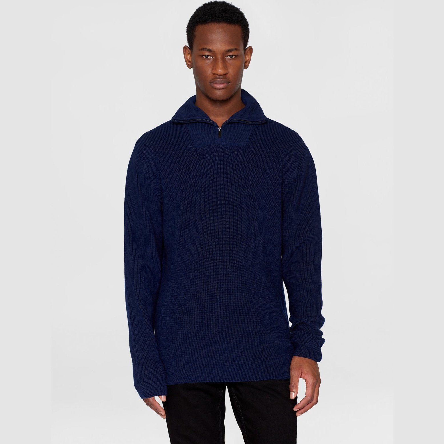 Knowledge Cotton Apparel M 1/2 Neck Zip Marino Wool Rib Knit Total Eclipse