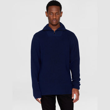 Knowledge Cotton Apparel M 1/2 Neck Zip Marino Wool Rib Knit Total Eclipse