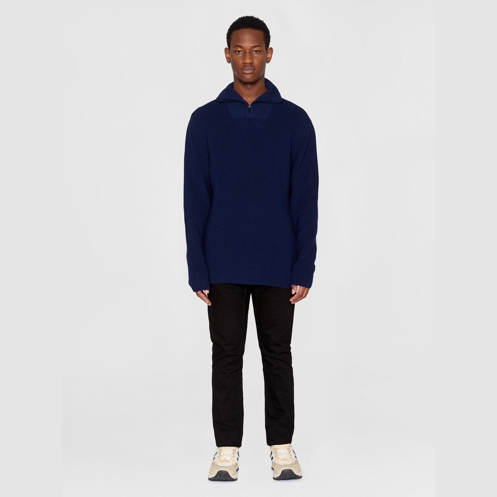 Knowledge Cotton Apparel M 1/2 Neck Zip Marino Wool Rib Knit Total Eclipse