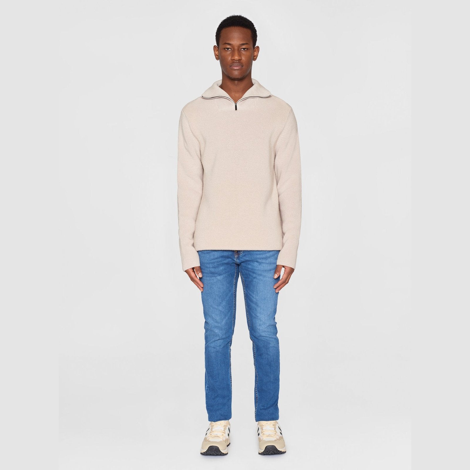Knowledge Cotton Apparel M 1/2 Neck Zip Merino Wool Knit Kelp