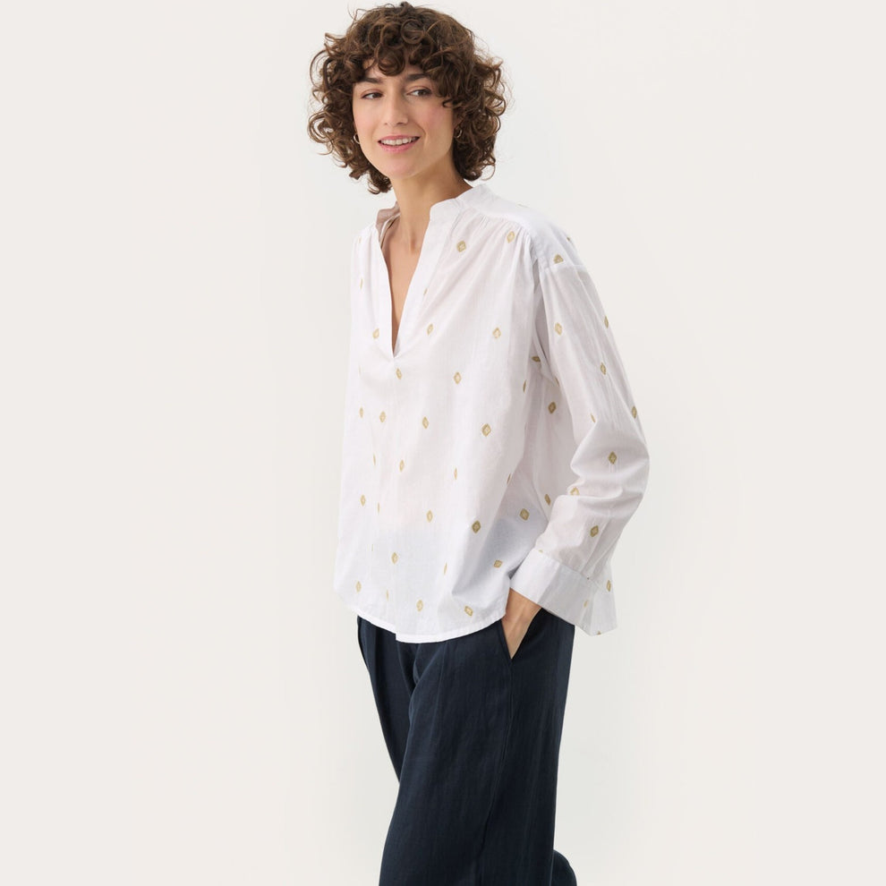Part Two NatalePW BL Bluse Bright White Gold Embroidery