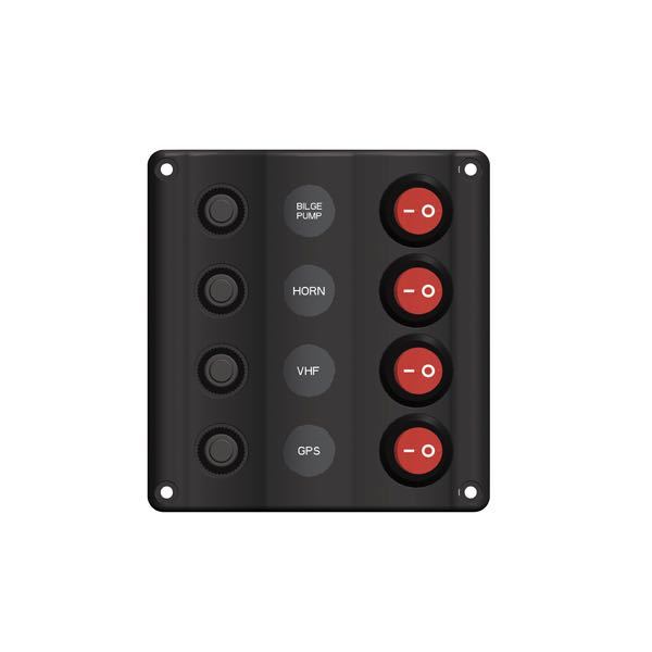 "Wave" elpanel med 4 kontakter m/LED og automatsikring, 12V