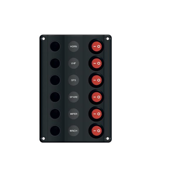 "Wave" elpanel med 6 kontakter m/LED og automatsikring, 12V