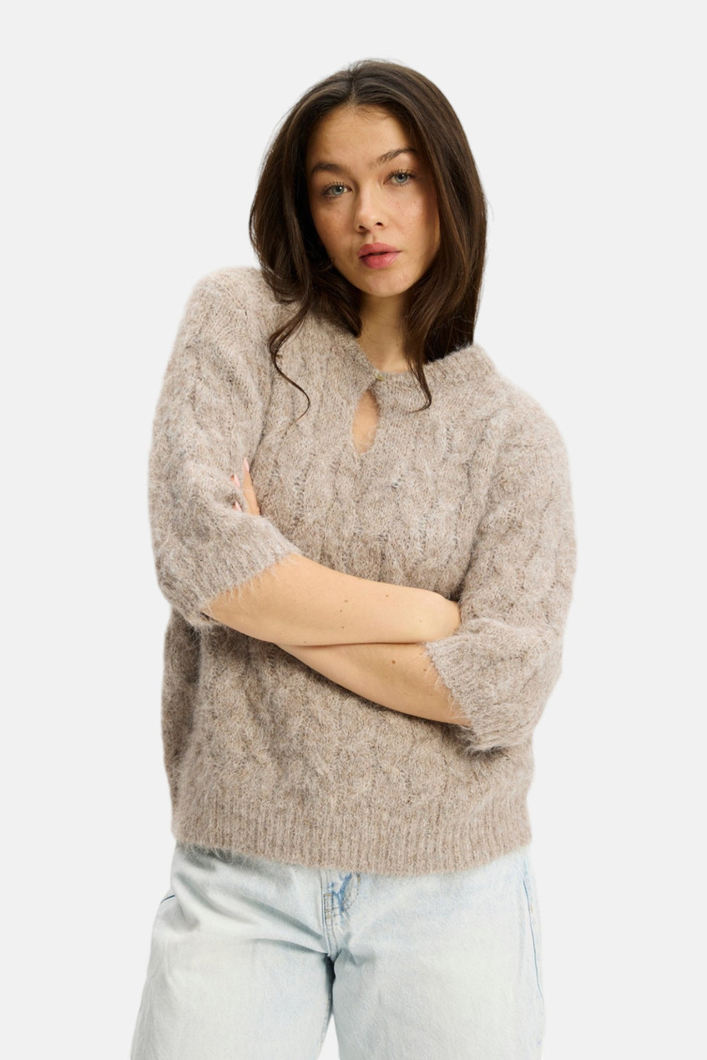 Kopenhaken W Lily-SS O-Neck Knit Pattern Savannah Tan