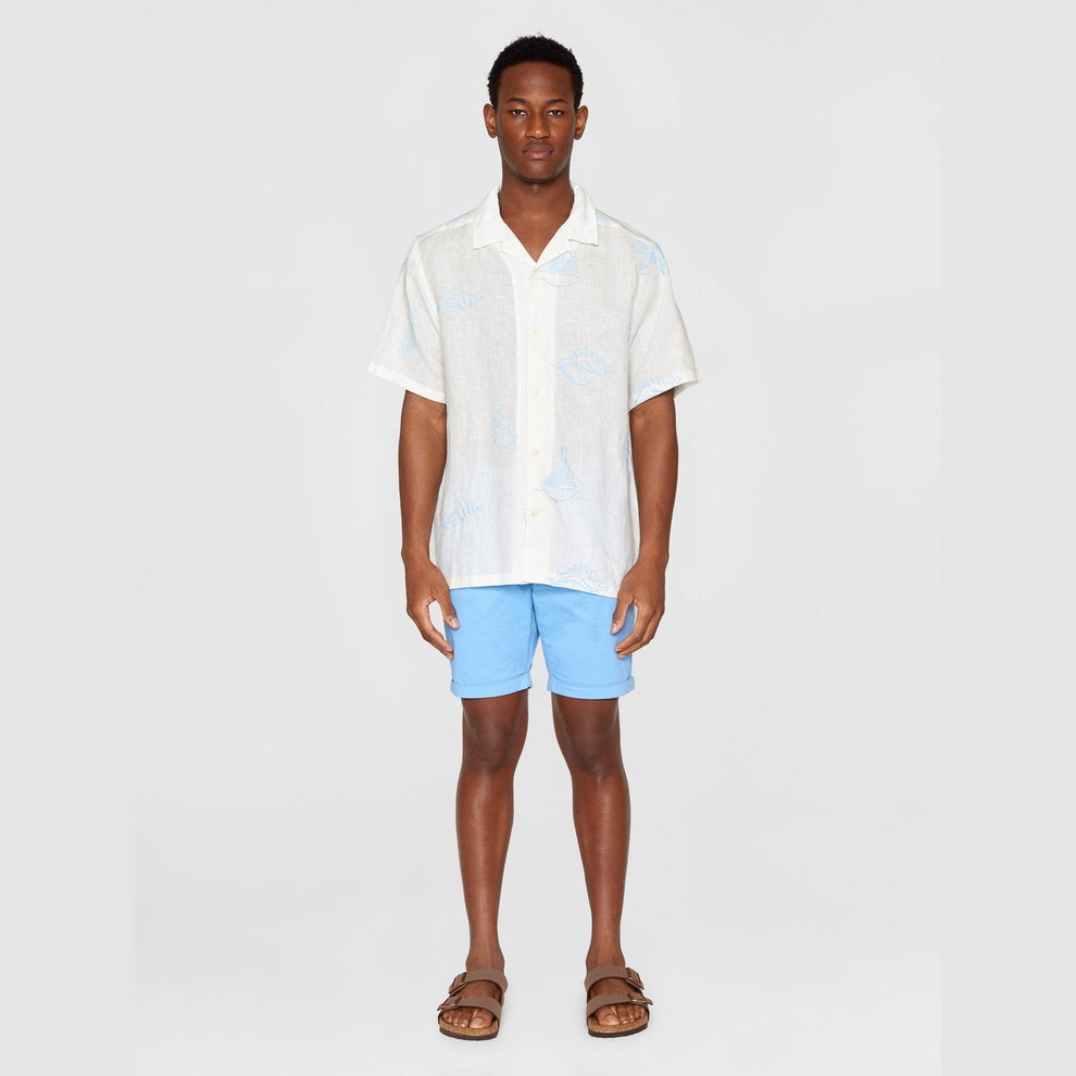 Knowledge Cotton Apparel M Box Fit Short Sleeve Shirt w Embroidery Egret
