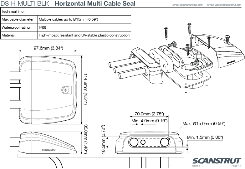 Scanstrut DS-H-MULTI-BLK vandret multikabelgennemføring – sort