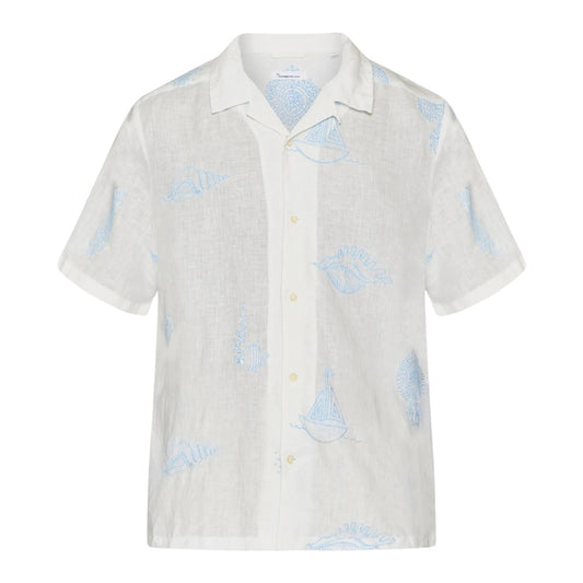 Knowledge Cotton Apparel M Box Fit Short Sleeve Shirt w Embroidery Egret