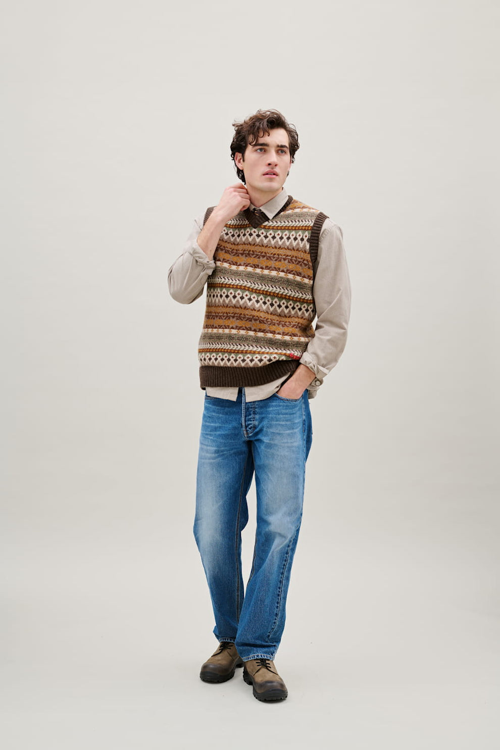Forét Lunar Relaxed Fit Textured Overshirt Khaki Green Check