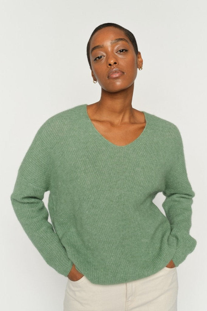 Mos Mosh Mmthora V-Neck Knit Turf Green Dame strik
