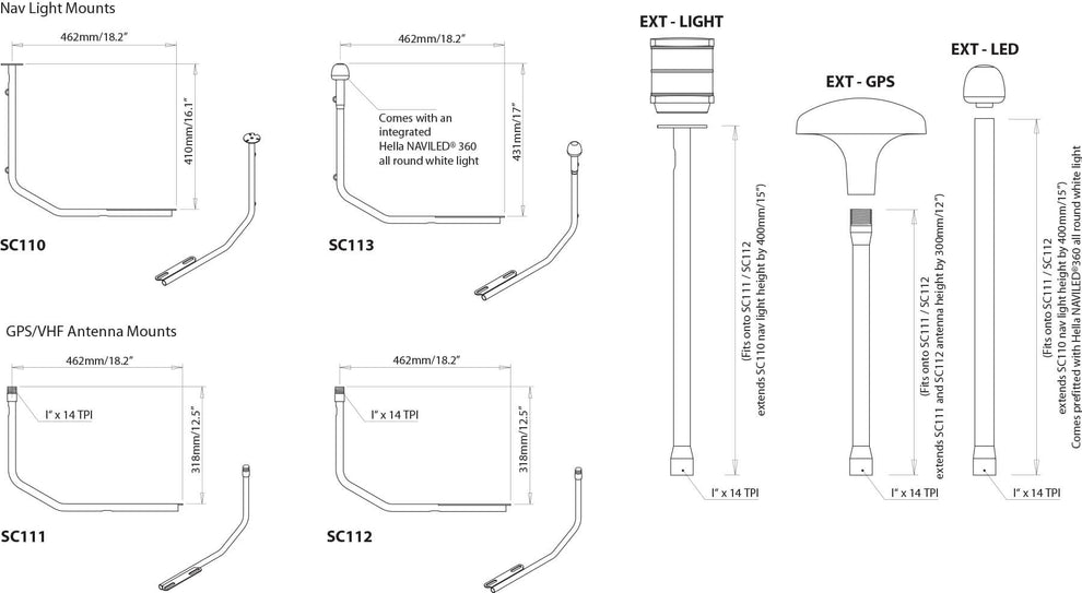 Scanstrut SC112 PowerTower GPS/VHF/Navtex-beslag i rustfrit stål til bagbord
